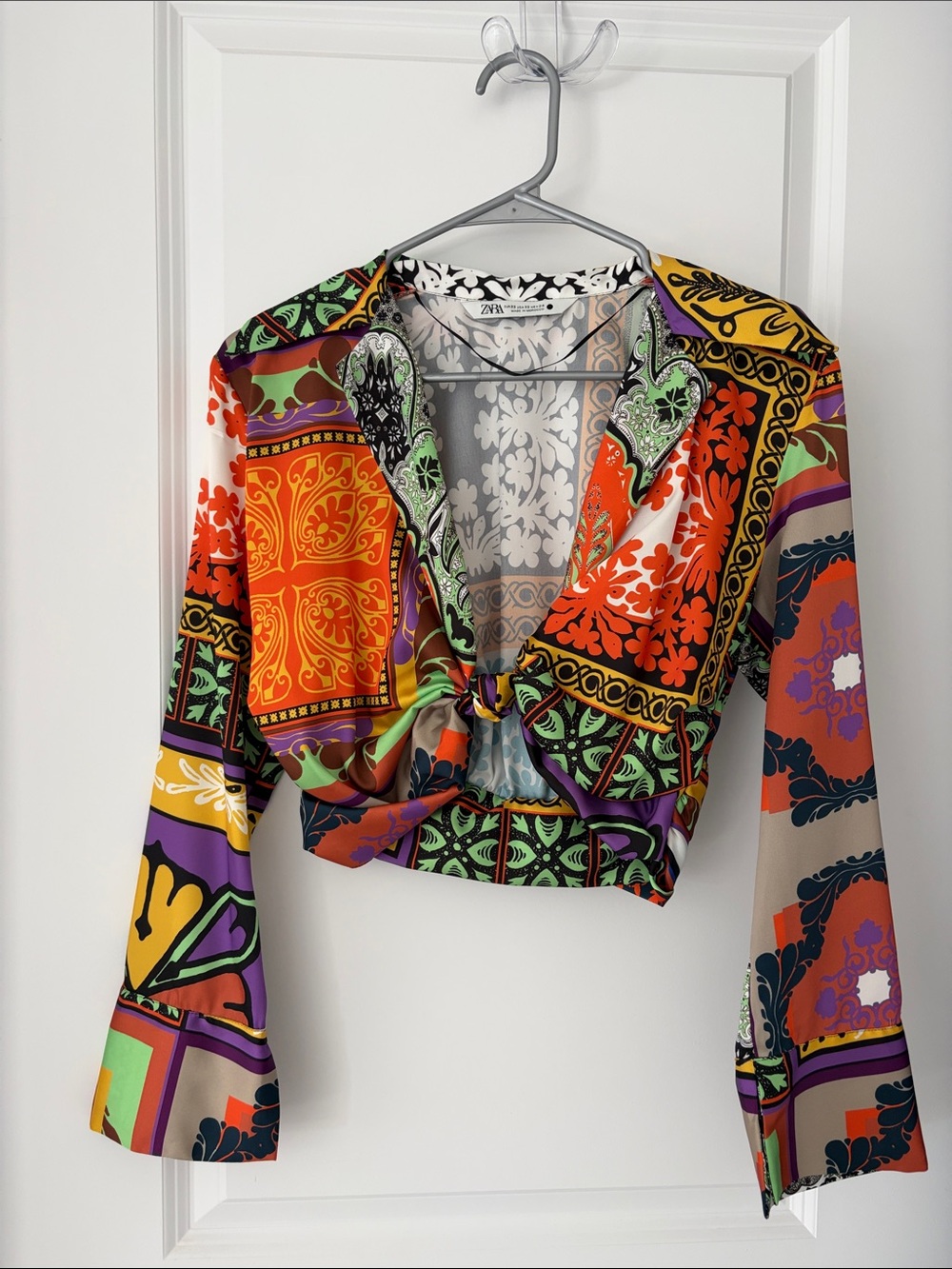 Zara Multicolor Patchwork Tie-Front Crop Top